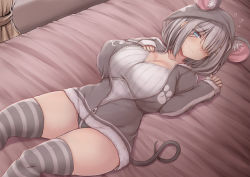Rule 34 | 1girl, alternate costume, animal ears, animal hood, bed sheet, blue eyes, blush, breasts, cleavage, collarbone, flying sweatdrops, grey hair, grey jacket, hair ornament, hair over one eye, hairclip, hamakaze (kancolle), highres, hood, hooded jacket, huge breasts, jacket, jema, kantai collection, long sleeves, looking at viewer, lying, mouse ears, mouse tail, on back, short hair, smile, solo, striped clothes, striped thighhighs, tail, thighhighs, zipper, zipper pull tab