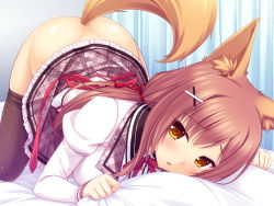 Rule 34 | 1girl, :o, animal ears, ass, bed, black pantyhose, blazer, blush, bow, breast press, breasts, brown hair, buttons, clenched hand, clothes lift, clothes pull, collared shirt, creampie (company), curtains, dimples of venus, dutch angle, embarrassed, female focus, fox ears, fox tail, frills, game cg, hair ornament, hair ribbon, hairclip, head tilt, indoors, jacket, juliet sleeves, legs apart, long sleeves, looking at viewer, low twintails, medium breasts, midorikami inaho, no panties, on bed, pantyhose, pantyhose pull, parted lips, pillow, pillow grab, plaid, plaid skirt, pleated, pleated skirt, puffy sleeves, raised eyebrows, red bow, red ribbon, ribbon, root harem!, sayori (neko works), school uniform, shiny skin, shirt, sidelocks, skirt, skirt lift, solo, tail, tassel, top-down bottom-up, transformation, twintails, white shirt, x hair ornament, yellow eyes