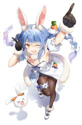 Rule 34 | &gt; &lt;, 1girl, animal ear fluff, animal ears, arm up, black gloves, black pantyhose, blue hair, bow, braid, breasts, bridal garter, carrot, carrot hair ornament, commentary, detached sleeves, don-chan (usada pekora), dress, food-themed hair ornament, footwear bow, full body, fur-trimmed dress, fur-trimmed gloves, fur trim, gloves, hair ornament, highres, hololive, index finger raised, leotard, looking at viewer, multicolored hair, one eye closed, open mouth, pantyhose, rabbit ears, rabbit girl, sidelocks, simple background, sleeveless, sleeveless dress, small breasts, smile, solo, standing, standing on one leg, teeth, thick eyebrows, timing (mpth8384), tongue, twin braids, twintails, two-tone hair, upper teeth only, usada pekora, v, virtual youtuber, white background, white dress, white footwear, white hair, white leotard, yellow eyes