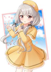 Rule 34 | 1girl, absurdres, beret, braid, brown eyes, cloud, cloudy sky, collarbone, dress, flower (symbol), frilled dress, frills, grey hair, hat, highres, hisakawa nagi, holding, holding microphone, idol, idolmaster, idolmaster cinderella girls, idolmaster cinderella girls starlight stage, long hair, microphone, mitsumine raimu, paneled background, sky, sleeves past wrists, solo, standing, twintails, v, yellow dress, yellow hat