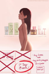 Rule 34 | 1girl, calendar (object), long hair, nipples, nude, original, otto, ottofoxhole, sarah hernandez, shampoo, shower, sticky note, wet, wet hair