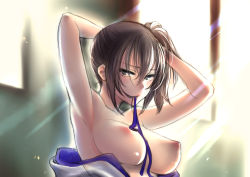 Rule 34 | 10s, 1girl, adjusting hair, armpits, arms up, breasts, breasts out, brown hair, hair in own mouth, highres, kaga (kancolle), kantai collection, large breasts, mouth hold, nipples, perky breasts, ribbon, shoukaki (earthean), sketch, solo, topless, upper body