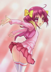 Rule 34 | 10s, 1girl, ass, blush, from behind, highres, hoshizora miyuki, looking back, no panties, outstretched arms, pink eyes, pink hair, precure, ribbon, shimashima salmon, short hair, skirt, smile, smile precure!, solo, thighhighs, wind, wind lift