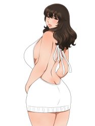 Rule 34 | 1girl, ass, back, bare shoulders, breasts, brown eyes, brown hair, butt crack, large breasts, long hair, looking at viewer, looking back, matoyama, sideboob, solo, standing, virgin killer sweater, white background