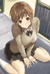 Rule 34 | 1girl, amagami, black bow, black bowtie, bow, bowtie, breasts, brown eyes, brown hair, brown sweater, closed mouth, feet out of frame, from above, grey skirt, highres, indoors, kibito high school uniform, large breasts, looking at viewer, miniskirt, nasubin (nasubisamurai15), on floor, pleated skirt, sakurai rihoko, school uniform, short hair, sitting, skirt, socks, solo, sweater, wariza, white socks