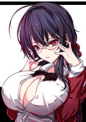 Rule 34 | 1girl, akeyama kitsune, azur lane, black hair, breasts, cleavage, glasses, large breasts, parted lips, partially unbuttoned, red eyes, ribbon, solo, taihou (azur lane), taihou (sweet time after school) (azur lane), unbuttoned, unbuttoned shirt, upper body