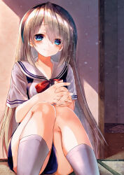 Rule 34 | 1girl, black hairband, blue eyes, blue skirt, blush, bow, clannad, closed mouth, commentary request, eyelashes, eyes visible through hair, feet out of frame, grey hair, hair between eyes, hairband, highres, indoors, interlocked fingers, knees together feet apart, knees up, long hair, looking at viewer, miniskirt, momijiko, own hands together, red bow, sailor collar, sakagami tomoyo, school uniform, short sleeves, sitting, skirt, smile, snowing, socks, solo, straight hair, tatami, tomoyo after, very long hair, white sailor collar, white socks