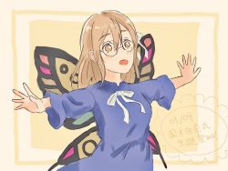Rule 34 | 1girl, :o, artist name, artist request, blue dress, blue skirt, blush, bow, breasts, brown eyes, brown hair, butterfly costume, buttons, dress, female focus, glasses, hair between eyes, hair bow, kunikida hanamaru, light brown hair, long hair, looking at viewer, love live!, love live! school idol festival, love live! sunshine!!, matching hair/eyes, mitaiken horizon, outdoors, parted lips, ribbon, skirt, small breasts, smile, solo, striped bow, striped ribbon, white bow, white ribbon, yellow eyes