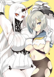 Rule 34 | 10s, 2girls, abyssal ship, aoi manabu, armpits, blue eyes, blush, breasts, detached sleeves, dress, grey hair, hair ornament, hair over one eye, hairclip, hamakaze (kancolle), horns, kantai collection, large breasts, long hair, multiple girls, pantyhose, red eyes, ribbed dress, seaport princess, short dress, short hair, sideboob, single horn, sweater, sweater dress, torn clothes, torn legwear, white hair