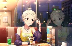 Rule 34 | 1girl, artist request, bare shoulders, blonde hair, blush, bracelet, breasts, brown eyes, cleavage, collarbone, drink, drinking straw, ear piercing, earrings, eyelashes, fast food, food, french fries, idolmaster, idolmaster cinderella girls, idolmaster cinderella girls starlight stage, indoors, jewelry, necklace, night, official art, parfait, pendant, piercing, pixie cut, reflection, restaurant, ring, senzaki ema, short hair, sitting, smile, soda, solo, table, tank top, very short hair, window