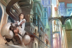 Rule 34 | 1girl, arch, architecture, bird, blue eyes, boots, bridge, brown footwear, brown hair, building, fingerless gloves, gloves, gothic architecture, highres, hover bike, landscape, mujiha, original, realistic, science fiction, sign, thighhighs, tunnel, twintails