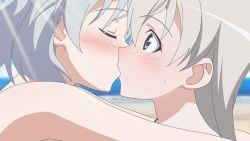 Rule 34 | 2girls, blush, eila ilmatar juutilainen, closed eyes, kiss, multiple girls, no bra, sanya v. litvyak, strike witches, tagme, white hair, world witches series, yuri