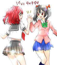 Rule 34 | 2girls, black hair, commentary request, green eyes, high five, highres, in-franchise crossover, kurosawa ruby, love live!, love live! school idol project, love live! sunshine!!, multiple girls, red eyes, red hair, rinne (mizunosato), school uniform, short twintails, twintails, yazawa nico