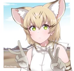 Rule 34 | 1girl, absurdres, animal ear fluff, animal ears, artist name, bare shoulders, blonde hair, bow, bowtie, cat ears, commentary, day, disco brando, double v, elbow gloves, expressionless, extra ears, gloves, green eyes, hair between eyes, highres, kemono friends, looking at viewer, mountainous horizon, outdoors, print bow, print bowtie, print gloves, print neckwear, sand cat (kemono friends), sand cat print, shirt, short hair, sleeveless, sleeveless shirt, solo, twitter username, upper body, v, white shirt