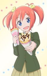 Rule 34 | 1girl, :d, ahoge, antenna hair, blue eyes, blush stickers, bow, buttons, cardigan, commentary request, crepe, dual persona, female focus, flip flappers, food, giving, hair bow, head tilt, highres, holding, holding food, huge ahoge, looking at viewer, open mouth, orange hair, papika (flip flappers), papino (flip flappers), pleated skirt, red star (toranecomet), school uniform, simple background, skirt, smile, solo, star (symbol), twintails