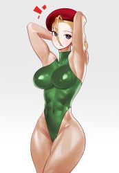 Rule 34 | 1girl, abs, absurdres, arms behind head, blonde hair, blue eyes, braid, breasts, cammy white, capcom, cookiedusty, covered navel, cowboy shot, curvy, green leotard, grey background, hair between eyes, heattech leotard, highleg, highleg leotard, highres, leotard, long hair, medium breasts, shiny clothes, shiny skin, simple background, smile, solo, standing, street fighter, street fighter v, thong leotard, turtleneck, twin braids, wide hips
