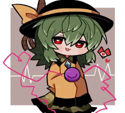 Rule 34 | 1girl, :3, alternate eye color, black hat, blush, bow, brown background, buttons, chibi, cowboy shot, diamond button, fangs, frilled shirt collar, frilled sleeves, frills, green hair, green skirt, hair between eyes, hat, hat bow, heart, heart in eye, heart of string, highres, komeiji koishi, long hair, looking at viewer, open mouth, outside border, red eyes, skirt, solo, sweater, symbol in eye, third eye, touhou, very long sleeves, waveform, white background, yellow bow, yellow sweater, zunusama