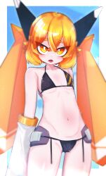 Rule 34 | 1girl, bare shoulders, bikini, black bikini, blue background, blush, border, breasts, commentary request, cowboy shot, detached sleeves, hair between eyes, highres, ine 2, long hair, looking at viewer, mochibe (ine 2), navel, open mouth, orange eyes, orange hair, original, outside border, signature, small breasts, solo, standing, string bikini, swimsuit, teeth, twintails, very long hair, wet, wet clothes, wet swimsuit, white border