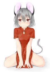 Rule 34 | 1girl, absurdres, alternate costume, animal ears, bare legs, barefoot, blush, breasts, brown eyes, china dress, chinese clothes, closed mouth, dress, full body, grey hair, hair between eyes, heart, heart-shaped pupils, highres, looking at viewer, mouse ears, mouse tail, nazrin, netamaru, pelvic curtain, red dress, short hair, short sleeves, sitting, small breasts, smile, solo, symbol-shaped pupils, tail, touhou, v arms, wariza