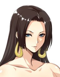 Rule 34 | 1girl, black hair, blue eyes, boa hancock, collarbone, earrings, jewelry, long hair, looking at viewer, one piece, parted bangs, parted lips, portrait, simple background, smile, snake earrings, solo, white background, zucchini