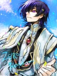 Rule 34 | 00s, 1boy, :d, belt, blue sky, c (rahit), code geass, day, gem, hair over one eye, lelouch vi britannia, long sleeves, looking to the side, male focus, open mouth, outdoors, profile, purple eyes, purple hair, rahit, sketch, sky, smile, solo, orb, uniform, upper body