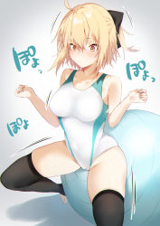 Rule 34 | 1girl, :/, absurdres, ahoge, alternate costume, balancing, ball, bare arms, bare shoulders, black bow, black thighhighs, blonde hair, bow, breasts, collarbone, commentary, competition swimsuit, concentrating, covered navel, danimaru, exercise ball, fate/grand order, fate (series), hair between eyes, hair bow, half updo, highres, koha-ace, medium breasts, navel, okita souji (fate), okita souji (koha-ace), one-piece swimsuit, short hair, sidelocks, simple background, solo, stirrup legwear, swimsuit, thighhighs, thighs, toeless legwear, white one-piece swimsuit, yellow eyes