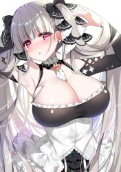 Rule 34 | 1girl, :o, arms up, azur lane, bare shoulders, between breasts, black dress, blush, breasts, cleavage, dress, earrings, formidable (azur lane), frilled dress, frills, grey hair, hair ribbon, highres, jewelry, large breasts, long hair, long sleeves, looking at viewer, red eyes, ribbon, ringo sui, simple background, solo, twintails, white background