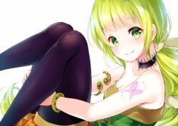 Rule 34 | 1girl, bad link, bare shoulders, butterfly tattoo, choker, closed mouth, green eyes, green hair, koyama sao, pantyhose under shorts, long hair, looking at viewer, multi-tied hair, pantyhose, ponytail, saga, saga frontier 2, shorts, simple background, smile, solo, tattoo, very long hair, virginia knights, white background