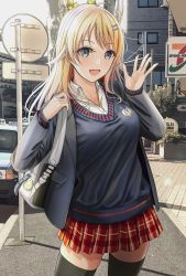 Rule 34 | 1girl, :d, antenna hair, bag, black jacket, black thighhighs, blonde hair, blue eyes, blue sweater, breasts, building, car, charm (object), collar, collared shirt, english text, hachimiya meguru, hair ornament, hairclip, highres, idolmaster, idolmaster shiny colors, jacket, light blush, long sleeves, looking at viewer, medium breasts, motor vehicle, open mouth, outdoors, plaid, plaid skirt, pleated skirt, red skirt, road sign, school bag, shadow, shirt, sidewalk, sign, skirt, smile, solo, storefront, sweater, taxi, thighhighs, thighs, turisasu, waving, white collar, zettai ryouiki