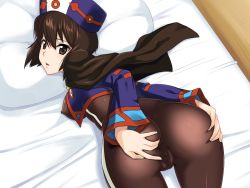 Rule 34 | 1girl, anus, ass, ass grab, bed, black eyes, bodysuit, breasts, brown hair, cape, chloe valens, covered erect nipples, from behind, hat, hou (hachiyou), large breasts, legs, looking back, pillow, pussy, short hair, skin tight, solo, spread ass, spread pussy, spread pussy under clothes, tales of (series), tales of legendia, thigh gap, thighs, top-down bottom-up