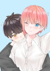 Rule 34 | 1boy, 1girl, absurdres, antenna hair, black hair, black shirt, blue background, blue eyes, blush, closed mouth, collared shirt, commentary, couple, flying sweatdrops, frown, go-toubun no hanayome, hair between eyes, head tilt, hetero, highres, hug, hug from behind, looking at another, nakano ichika, notice lines, one eye closed, pink hair, shirt, short hair, sidelocks, simple background, straight-on, tsubomi hanami, uesugi fuutarou, upper body, white shirt, yellow eyes