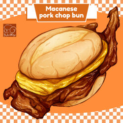 Rule 34 | artist logo, bread, burger, checkered background, egg (food), food, food focus, highres, meat, no humans, original, pork, yuki00yo