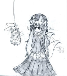 Rule 34 | 1girl, :x, absurdres, animal ears, asphyxiation, bun (nd), rabbit ears, china dress, chinese clothes, doll, dress, drooling, fox ears, fox tail, hanged, hat, highres, junko (touhou), long hair, reisen udongein inaba, scan, tail, tail wagging, touhou, traditional media