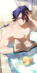 Rule 34 | 1boy, bath, bathing, blonde hair, book, commentary, completely nude, dr. ratio (honkai: star rail), eyeliner, hair between eyes, hand on own head, highres, holding, holding book, honkai: star rail, honkai (series), in water, indoors, looking at viewer, makeup, male focus, no nipples, nude, open book, parted lips, red eyeliner, rubber duck, sachico66, short hair, sitting, solo, symbol-only commentary, water, wet