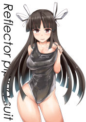 Rule 34 | 10s, 1girl, arm behind back, ass, bare shoulders, black hair, black one-piece swimsuit, blush, breasts, brown eyes, competition swimsuit, hair ribbon, highres, hiyou (kancolle), kantai collection, long hair, looking at viewer, minase (takaoka nanase), one-piece swimsuit, parted lips, ribbon, smile, solo, standing, swimsuit, thigh gap, thighs, white background