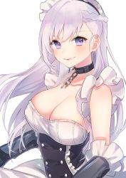 Rule 34 | 1girl, absurdres, arm guards, azur lane, belfast (azur lane), braid, breasts, chain, chiyomaru (yumichiyo0606), cleavage, collar, collarbone, commentary request, eyes visible through hair, hair between eyes, highres, long hair, looking at viewer, maid, maid headdress, purple eyes, sidelocks, simple background, single braid, sleeveless, smile, solo, white background, white hair