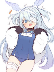 Rule 34 | 1girl, animal ears, arms up, bandages, bandage over one eye, blue eyes, blue hair, rabbit ears, commentary request, ear tag, gloves, hands on own chest, little witch nobeta, long hair, monica (little witch nobeta), mou tama maru, one-piece swimsuit, open mouth, school swimsuit, sharp teeth, simple background, smile, solo, swimsuit, teeth, thigh gap, thighs, two side up, very long hair, white background, white gloves