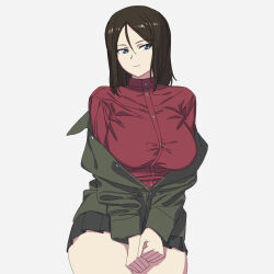 Rule 34 | 1girl, black skirt, blue eyes, breasts, brown hair, closed mouth, cowboy shot, girls und panzer, green jacket, highres, jacket, large breasts, looking to the side, miniskirt, nonna (girls und panzer), off shoulder, onsen tamago (hs egg), pleated skirt, red shirt, shirt, short hair, simple background, skirt, solo, white background