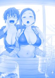 Rule 34 | 2girls, alcohol, arm around shoulder, asymmetrical hair, beach umbrella, beer, beer mug, bikini, blue theme, breasts, cleavage, commentary request, cup, drinking glass, drunk, earrings, foam, getsuyoubi no tawawa, glasses, highres, himura kiseki, holding, hood, hoodie, jacket, jacket over swimsuit, jewelry, kouhai-chan (tawawa), large breasts, light blush, looking at viewer, medium hair, mole, mole under eye, mug, multiple girls, navel, open clothes, open jacket, open mouth, pov, railing, rikei-chan (tawawa), short hair, sitting, squeans, sweat, swimsuit, table, trembling, umbrella, wooden table