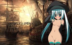Rule 34 | 1girl, green eyes, green hair, hatsune miku, highres, long hair, matching hair/eyes, non-web source, nude, nude filter, pirate, solo, third-party edit, twintails, vocaloid