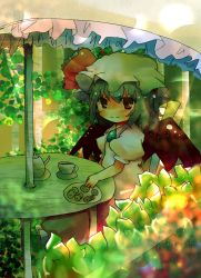 Rule 34 | 1girl, bad id, bad pixiv id, blue hair, blush, brooch, chair, cookie, cup, female focus, food, frills, grin, hat, hat ribbon, highres, jewelry, leaf, nanahamu, outdoors, plant, plate, pole, red eyes, remilia scarlet, ribbon, short hair, sitting, smile, solo, tea, teacup, teapot, touhou, umbrella, window, wings