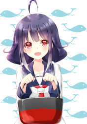 Rule 34 | 10s, 1girl, ahoge, bad id, bad pixiv id, blush, hair flaps, highres, inu3, kantai collection, long hair, looking at viewer, low twintails, purple hair, red eyes, school uniform, serafuku, smile, solo, taigei (kancolle), twintails, whale
