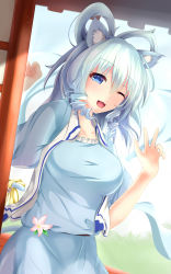 Rule 34 | 1girl, ;d, animal ears, bell, blue dress, blue eyes, blue hair, blush, breasts, cat ears, cat tail, collarbone, cowboy shot, day, dress, hair rings, highres, jingle bell, kaku seiga, kemonomimi mode, large breasts, long hair, looking at viewer, one eye closed, open clothes, open mouth, open vest, oxfirecar, ribbon, ringlets, smile, solo, tail, tail ornament, tail ribbon, touhou, v, vest, white vest