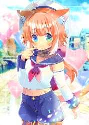 Rule 34 | 1girl, ahoge, animal ear fluff, animal ears, beret, blue eyes, blue shorts, blurry, blurry background, blush, bow, cat ears, cat girl, cat tail, closed mouth, collarbone, commentary request, crop top, depth of field, detached sleeves, facial mark, green eyes, hair bow, hand up, hat, heart, heterochromia, kou hiyoyo, long hair, long sleeves, looking at viewer, low ponytail, midriff, navel, neckerchief, orange hair, original, ponytail, puffy shorts, red bow, red neckerchief, shirt, short shorts, shorts, sleeveless, sleeveless shirt, smile, solo, tail, very long hair, white hat, white shirt, white sleeves