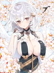 Rule 34 | 1girl, azur lane, berrypop, bird, blush, braid, branch, breast curtains, breasts, cherry blossoms, china dress, chinese clothes, cleavage, dress, flower, gloves, grey dress, hair between eyes, hair flower, hair ornament, half gloves, large breasts, looking at viewer, neckwear between breasts, open mouth, petals, red eyes, revealing clothes, see-through, see-through sleeves, short hair, side braid, sideboob, sirius (azur lane), sirius (azure horizons) (azur lane), solo, sparkle, white gloves, white hair