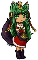 Rule 34 | 1girl, :&gt;, absurdres, animal ears, animal hands, anubis (monster girl encyclopedia), artist name, bell, blush, bow, bowtie, chibi, chinese zodiac, choker, christmas, closed mouth, collar, commentary, commission, dress, english text, full body, fur, fur trim, green bow, green bowtie, green eyes, green hair, hair ornament, happy new year, hat, heart, heart in eye, hhhori, highres, long hair, looking at viewer, merry christmas, metal collar, monster girl, monster girl encyclopedia, new year, pyramid (structure), red dress, santa costume, santa hat, short sleeves, signature, simple background, snake hair ornament, solo, standing, symbol in eye, tail, tail raised, very long hair, white background, wolf ears, wolf tail, year of the dog