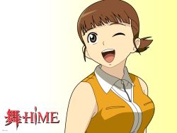 Rule 34 | 00s, bare shoulders, brown hair, highres, higurashi akane, my-hime, ponytail, school uniform, smile, wink