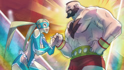 Rule 34 | 1boy, 1girl, beard, breasts, capcom, chest hair, cleavage, facial hair, holding hands, hetero, mohawk, muscular, official art, rainbow mika, street fighter, street fighter v, twintails, wrestling outfit, zangief