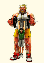 Rule 34 | 2boys, bara, bare arms, beard, black eyes, black hair, blonde hair, chijimetaro, colored skin, exercising, facial hair, giant, giant male, grey shorts, hairy, horns, lifting person, lucky student (chijimetaro), male focus, mini person, miniboy, multiple boys, muscular, oni, oni horns, original, pointy ears, red oni, red oni (chijimetaro), red skin, short hair, shorts, size difference, tank top, thick thighs, thighs, weightlifting, white tank top, yellow shorts