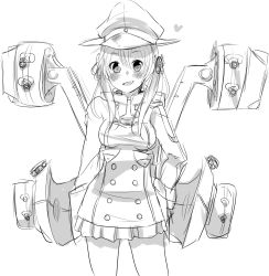 Rule 34 | 10s, 1girl, :d, anchor hair ornament, blush, greyscale, hair ornament, hair ribbon, hand on own hip, hat, heart, highres, kantai collection, long hair, long sleeves, looking at viewer, machinery, melonenbrot, microskirt, military, military uniform, monochrome, open mouth, peaked cap, pleated skirt, prinz eugen (kancolle), ribbon, simple background, skirt, smile, solo, turret, twintails, uniform, white background